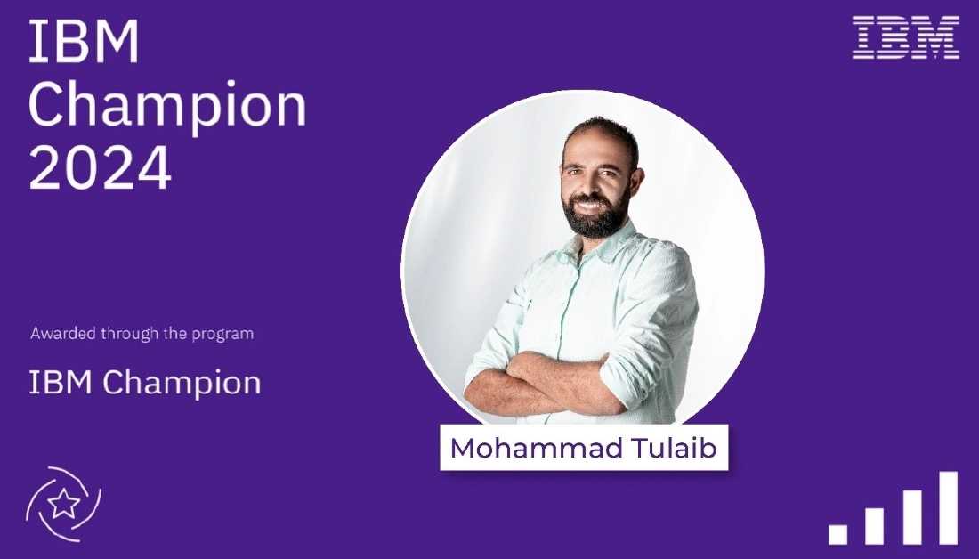 digital graphic showing a head and shoulders photo of a man set against a purple background with the words IBM Chappion 2024 prominent