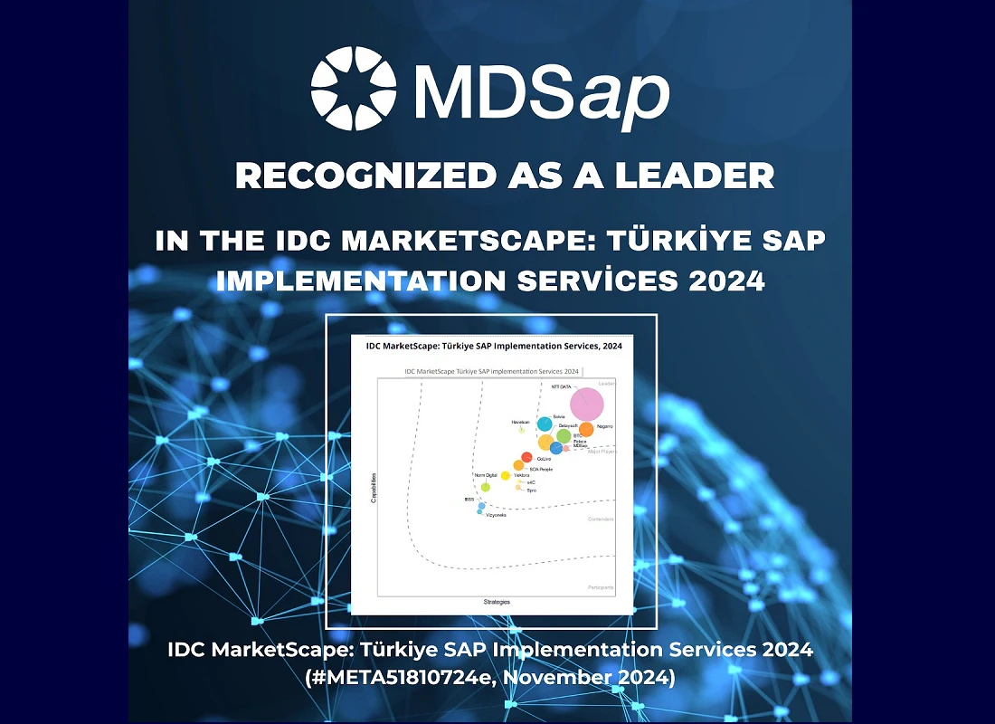 A blue and white digital graphic with the word MDSap prominent above text recognising MDSap as a leader in an IDC survey
