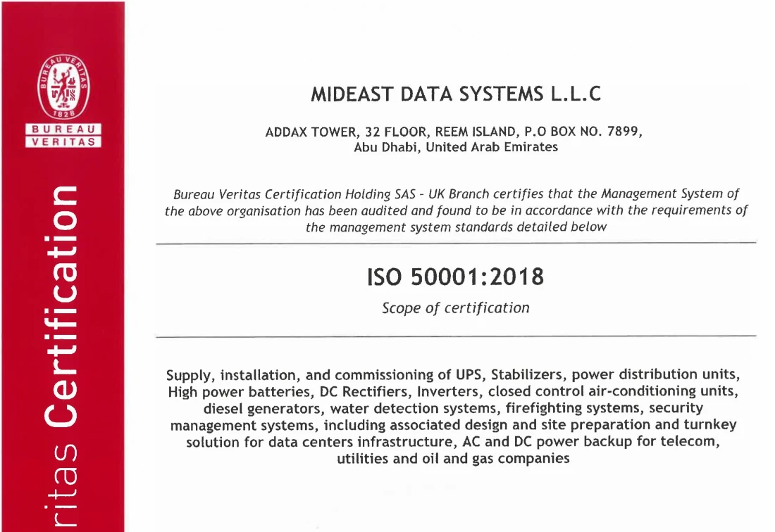 Close up view of an ISO certificate shows black text on a white background with a red border on the left side