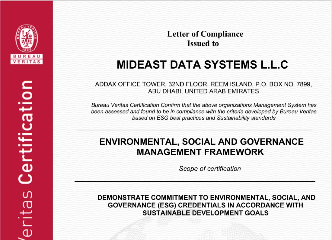 Close up view of an ISO certificate shows black text on a white background with a red border on the left side