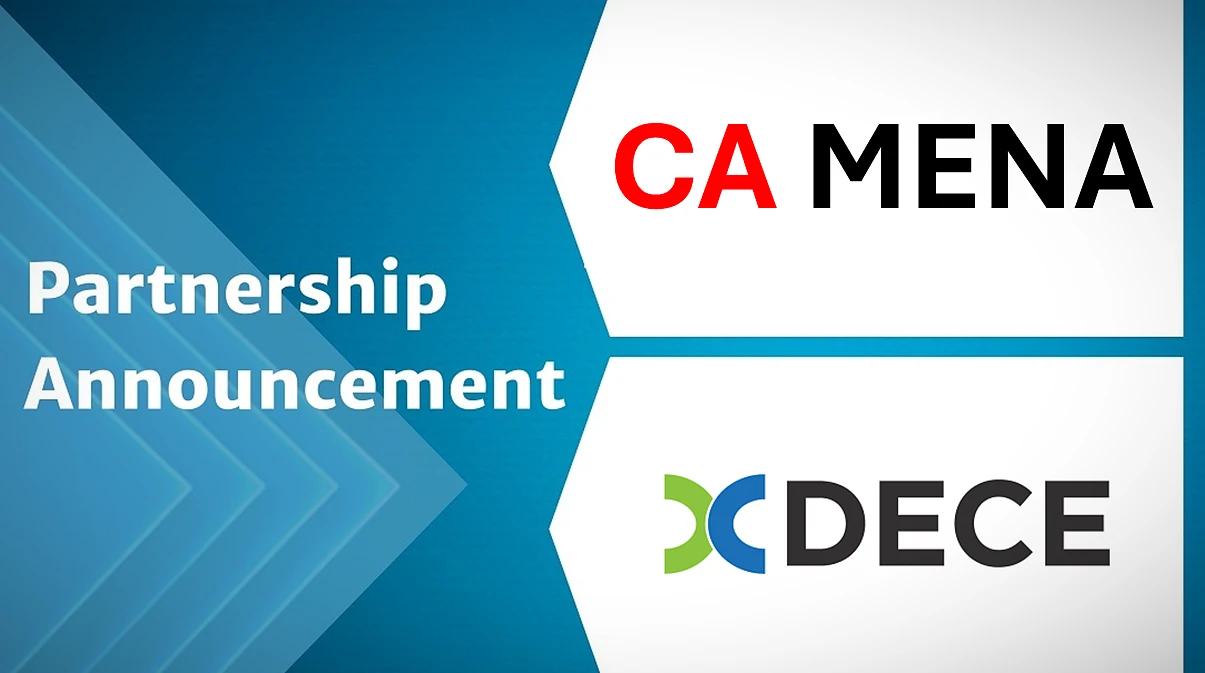 A digital graphic with the phrase partnership announcement and two logos - for DECE and CA MENA